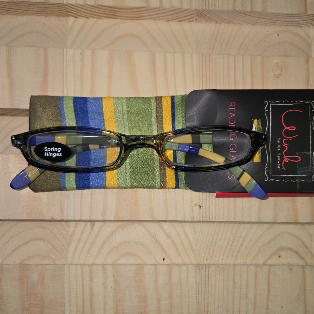 Wink Fancy Slim Green Stripe Reading Glasses +1.25 w/ Matching Case Rectangular